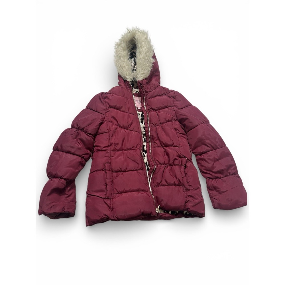 Juicy Couture Girls Puffer Jacket Leopard Lined‎ Faux Fur Hood Burgundy 10/12